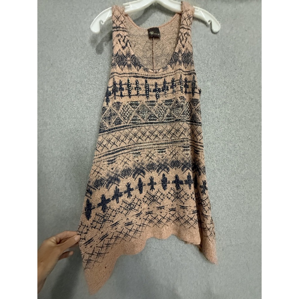 Vocal Tank Top Womens XL Beige Rhinestone Geometric Asymmetrical Tunic Boho